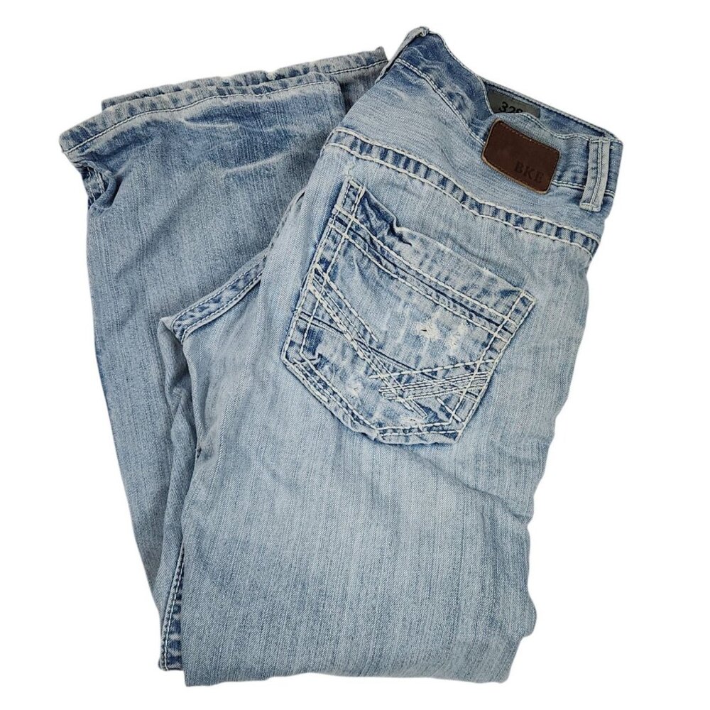 BKE Denim Carter Mens Light Wash Distressed Jeans Size 32 Short